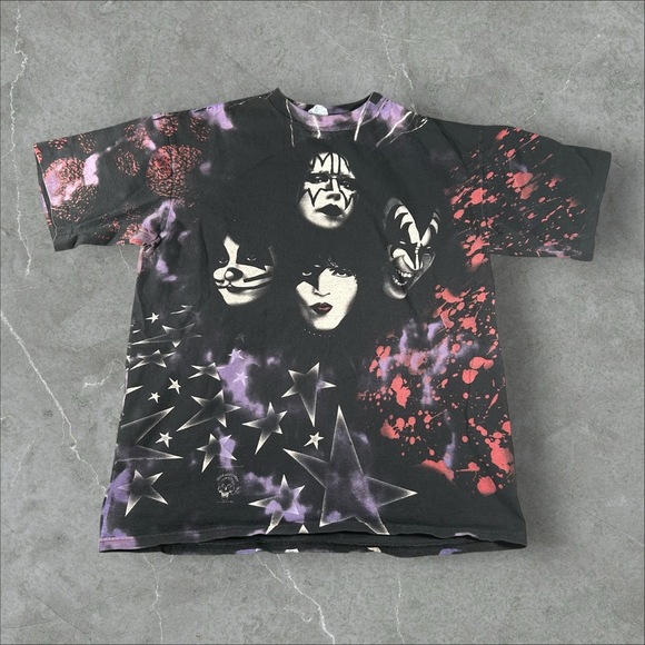 Vintage Kiss Shirt Mens XL‎ Black Purple Alive Worldwide 1996 1997 AOP Band Tee